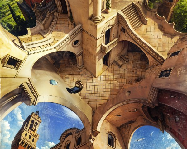 Surreal Landscape with Gravity-Defying Architecture