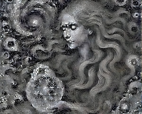 Mystical Figure in Cosmic Backdrop with Radiant Sphere