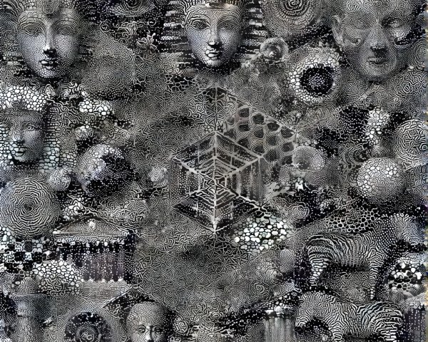 Monochromatic collage with intricate patterns and designs