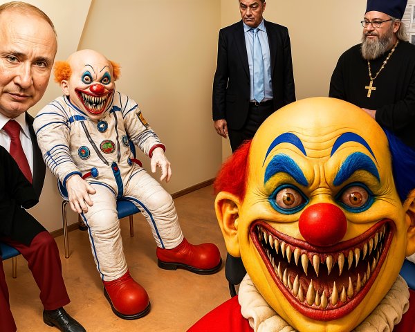 Surreal Room Scene with Clowns and Political Figures