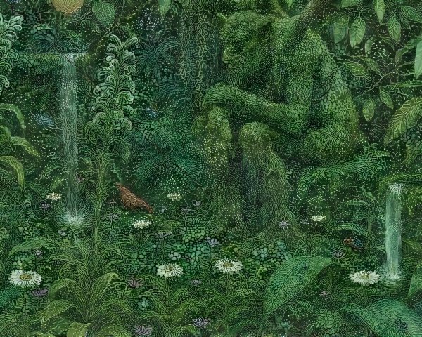 Mythical Green Figure in a Lush Forest Scene