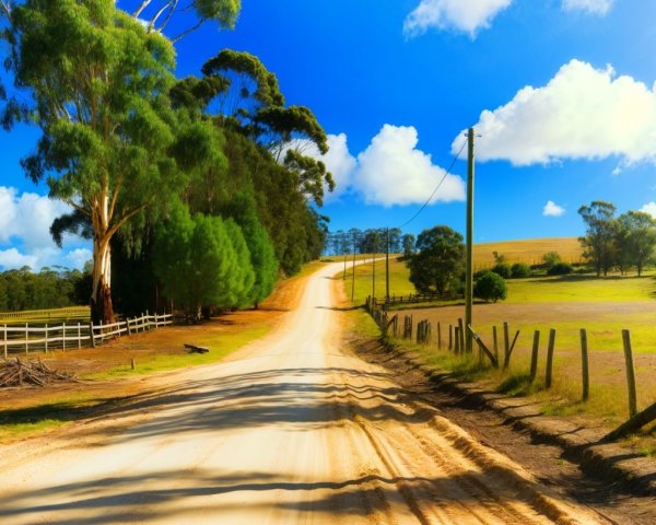 Tranquil Rural Scene with Winding Dirt Road and Eucalyptus