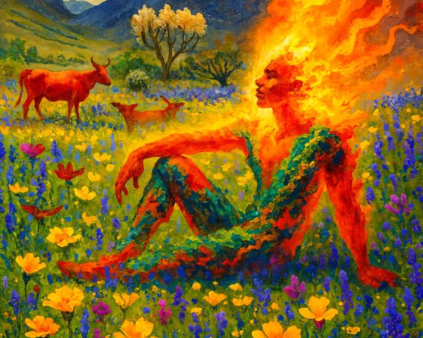 Surreal Landscape with Fiery Figure and Vibrant Flowers