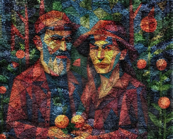 Abstract Artwork of Two Figures with Oranges in Forest