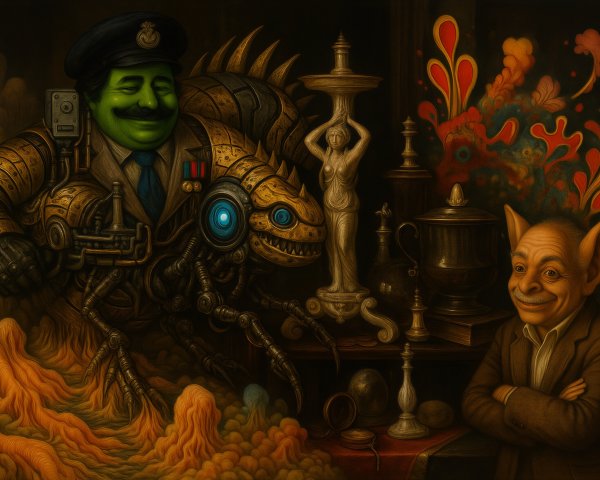 Surreal Scene with Green-Faced Man and Mechanical Creature