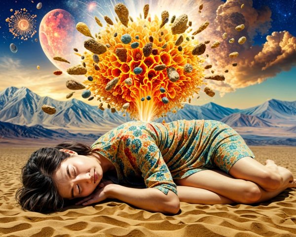Serene Woman in Desert with Cosmic Background