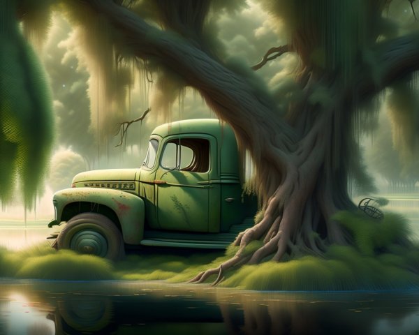Old Green Truck Surrounded by Nature and Fog