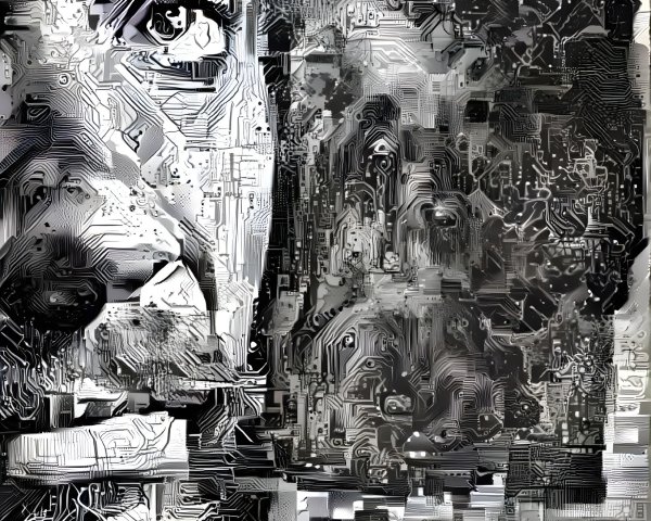 Stylized portrait with circuit board patterns and faces
