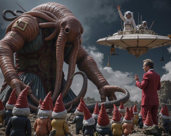 Surreal Landscape with Giant Creature and Gnomes