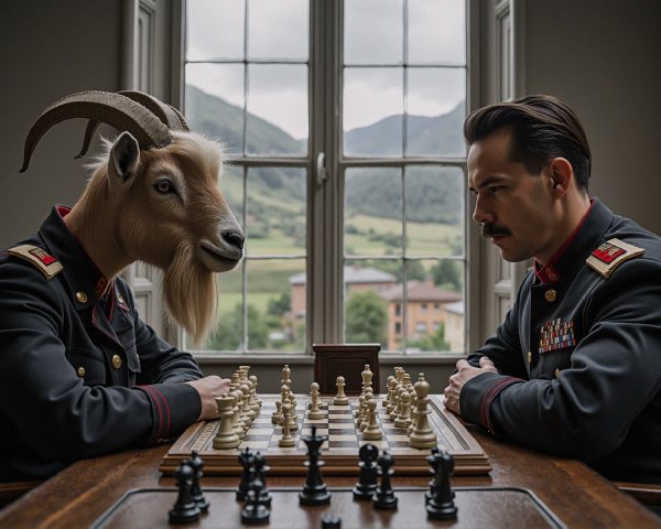 Military Man and Goat in Surreal Chess Match