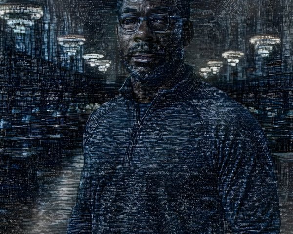 Man in a Grand Library with Bookshelves and Chandeliers