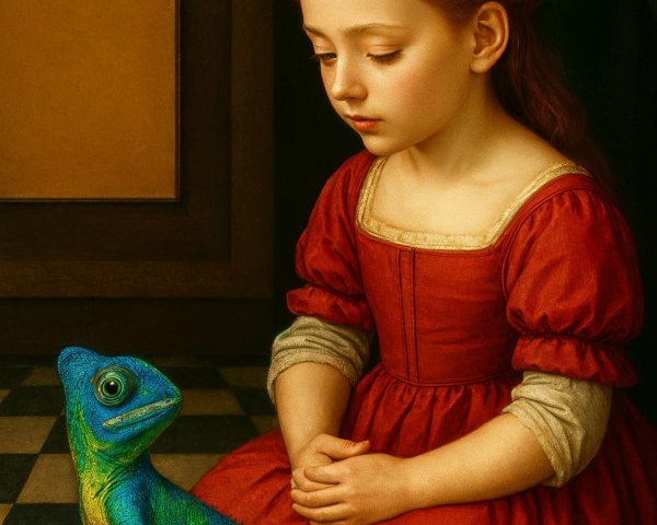 Young girl in red dress observing colorful lizard