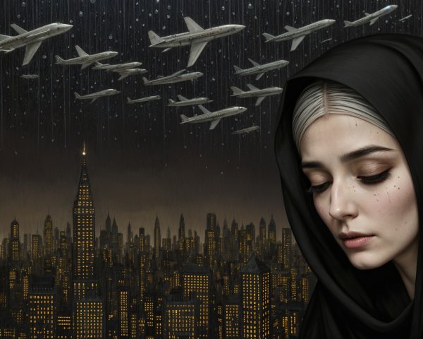 Contemplative Woman in Black Hijab with City Skyline