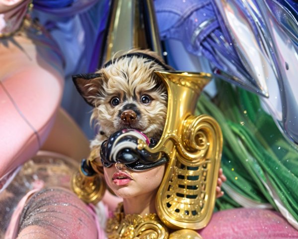 Whimsical Colorful Scene with Woman and Dog Interaction