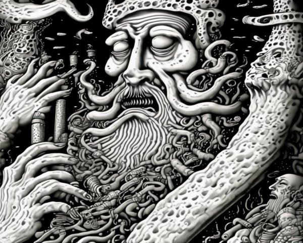 Surreal monochromatic portrait of an old man with patterns