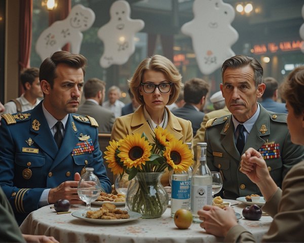 Tense Gathering of Four in Decorated Restaurant Setting