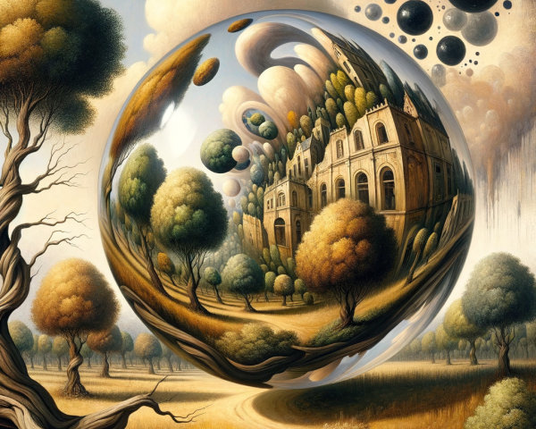 Surreal Landscape with Reflective Orb and Whimsical Scene