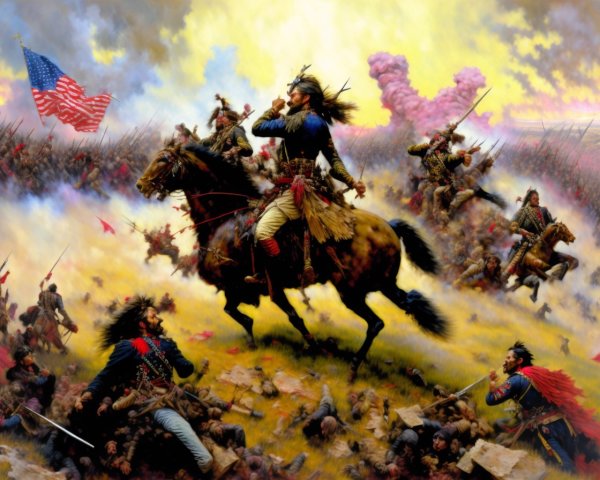 Native American Warrior Leading Battle Charge Scene