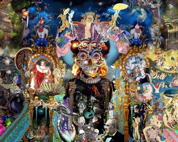 Surreal Collage of Mythology and Cosmic Scenes