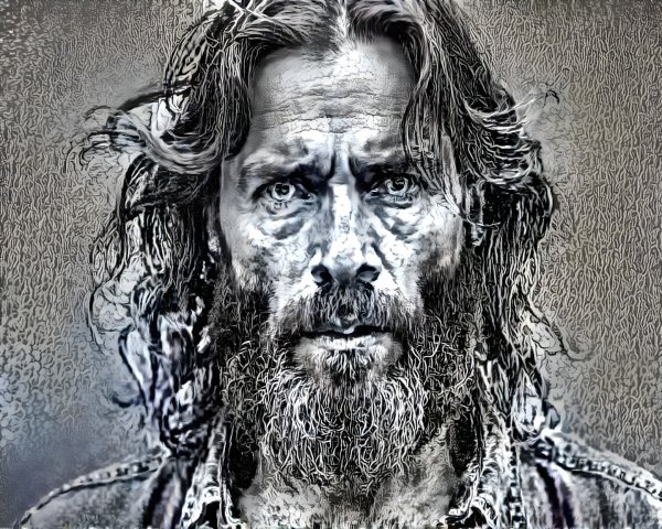 Black-and-white portrait of a rugged, weathered man