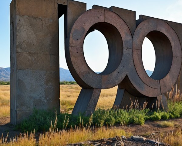 Modern Sculpture of Number 100 in Grassy Landscape