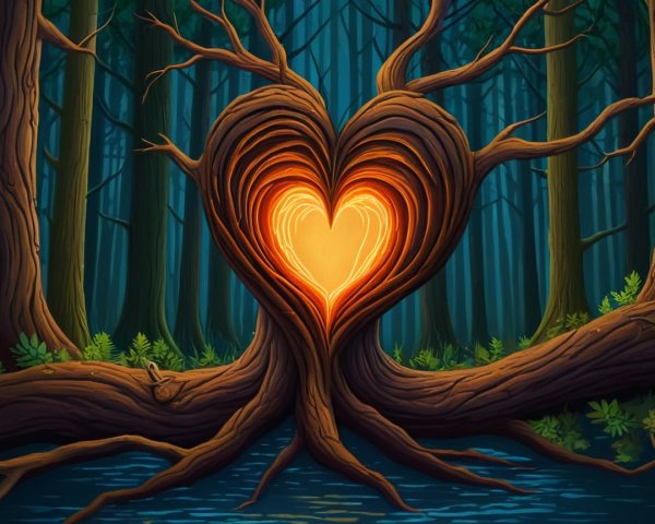 Mystical Forest with Twisted Heart-Shaped Tree