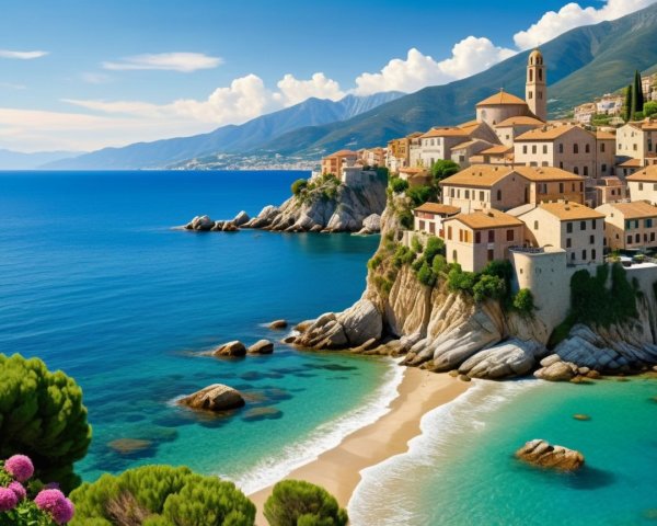 Coastal Town on Rocky Cliff Overlooking Turquoise Bay