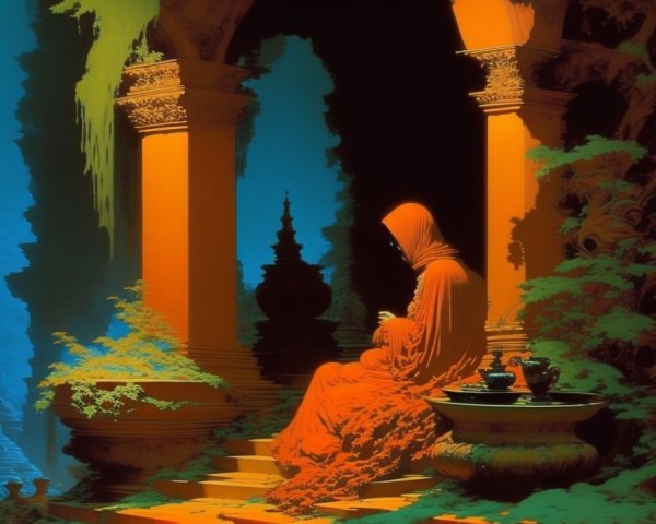 Cloaked Figure in Ancient Overgrown Temple Setting