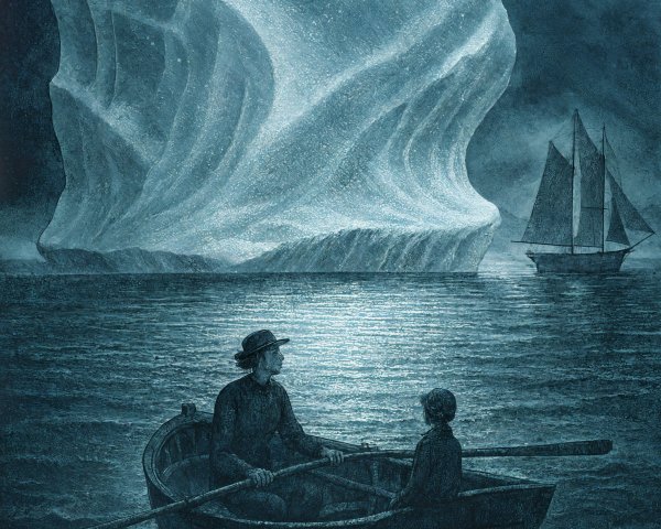 Moonlit Rowboat Scene with Glowing Iceberg and Sailboat