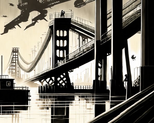 Silhouetted Bridge Over Calm Water with Futuristic Ships
