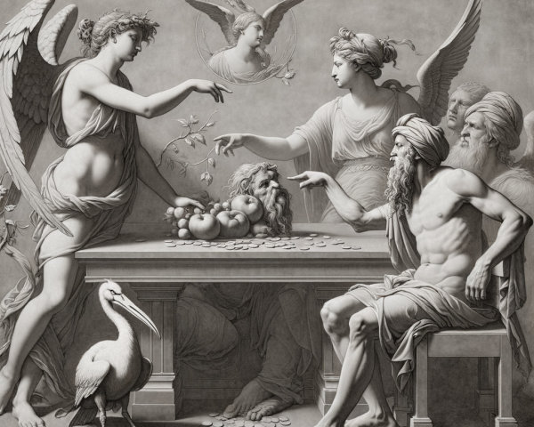 Angelic Scene of Wisdom and Generosity with Fruits