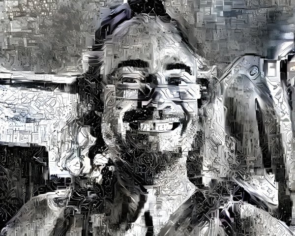 Abstract Smiling Portrait with Curly Hair in Monochrome