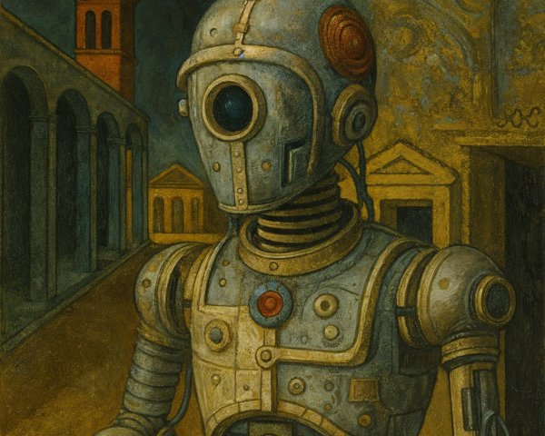 Humanoid Robot in Surreal, Dimly Lit Environment
