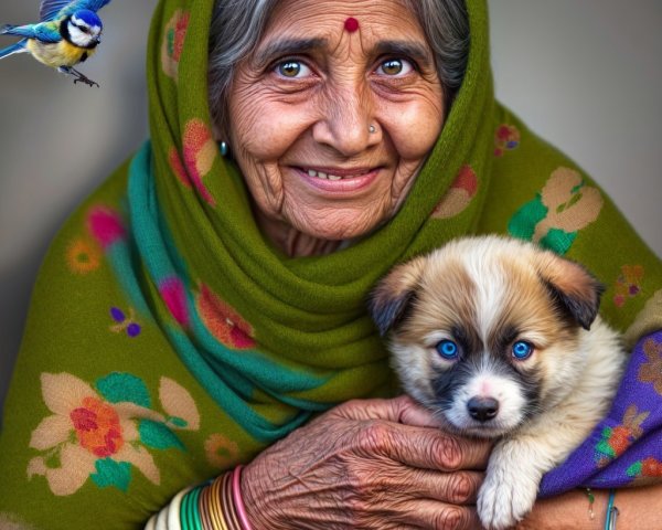 Elderly Woman with Puppy and Bluebird in Serene Setting