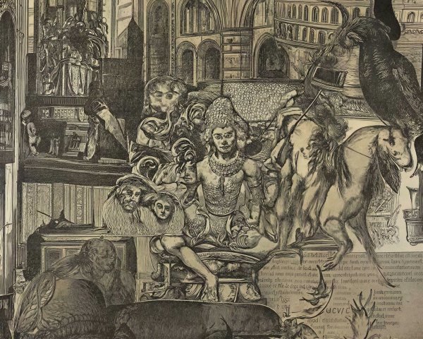 Intricate Vintage Black and White Collage with Deity Figure