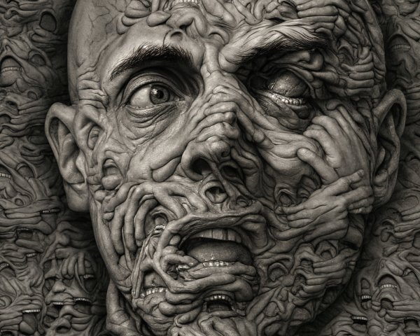 Surreal Textured Face Among Chaotic Grotesque Forms