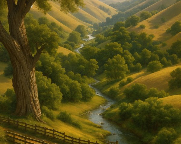 Serene Landscape with Rolling Hills and Stream