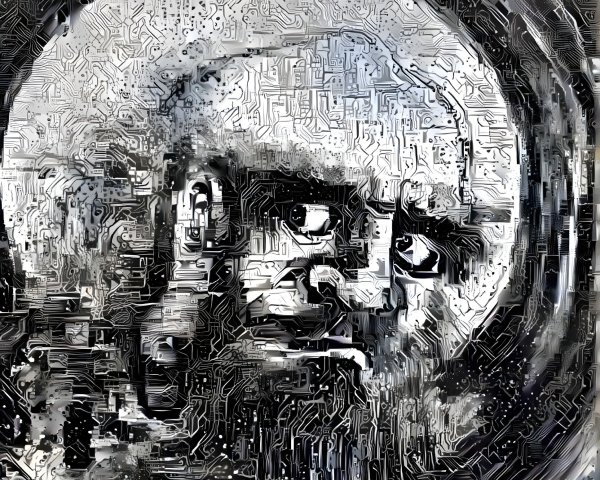Abstract Portrait of an Elderly Man in Circuitry Patterns