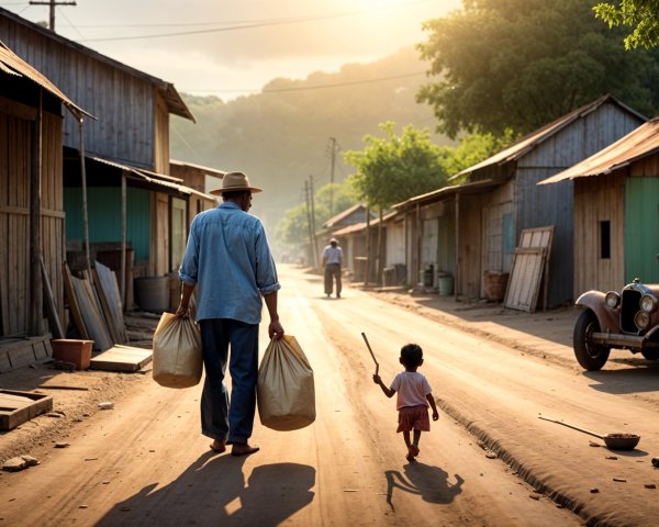Man with bags walking on a dusty village road