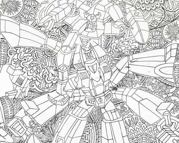 Intricate Line Drawing of Robots and Abstract Shapes