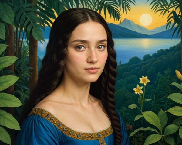 Young woman in blue dress among tropical foliage