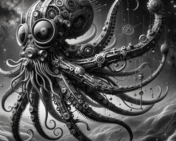 Mechanical Octopus in Cosmic Monochrome Scene