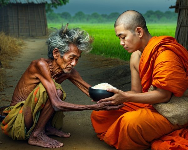 Elderly Man Receives Rice from Young Monk in Fields