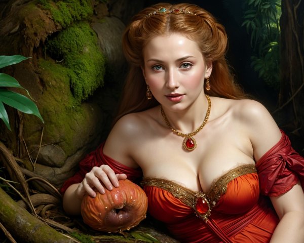 Woman in Red Gown Surrounded by Lush Greenery