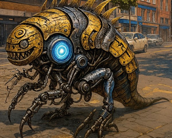 Cybernetic Insect on Urban Street with Mechanical Details