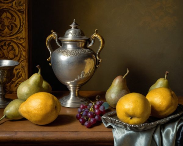 Silver Urn with Fruits on Wooden Surface Background