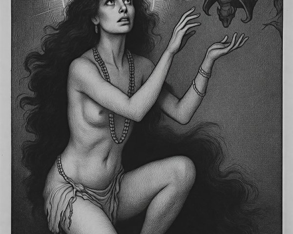 Mystical Figure in Ethereal Glow with Bat Above