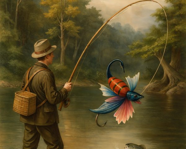 Fisherman in Vintage Attire at Serene Riverside Scene