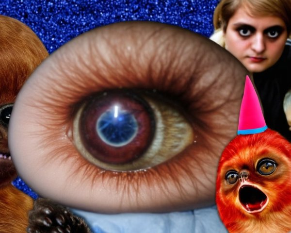Surreal Composition with Oversized Human Eye and Creatures
