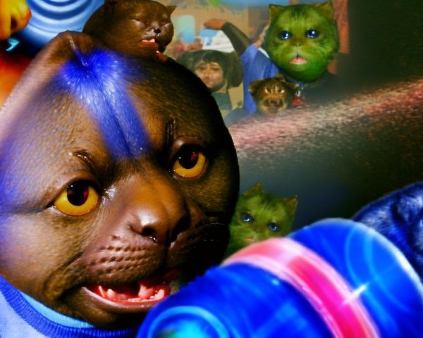 Surreal Collage of Anthropomorphic Cats in Vibrant Setting